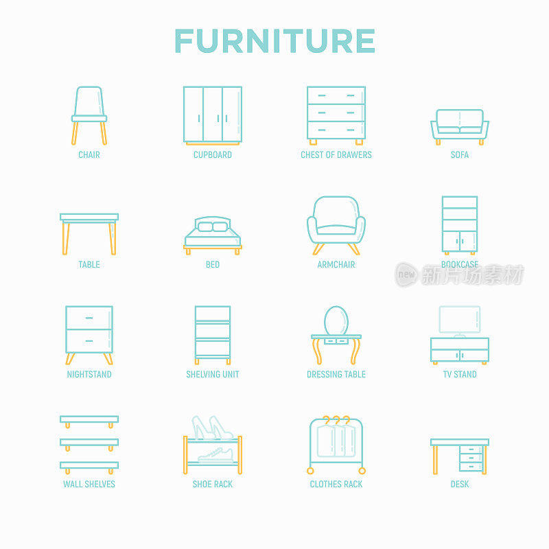 Furniture thin line icons set: dressing table, sofa, armchair, wardrobe, chair, table, bookcase, bad, clothes rack, desk, wall shelves. Elements of interior. Modern vector illustration.